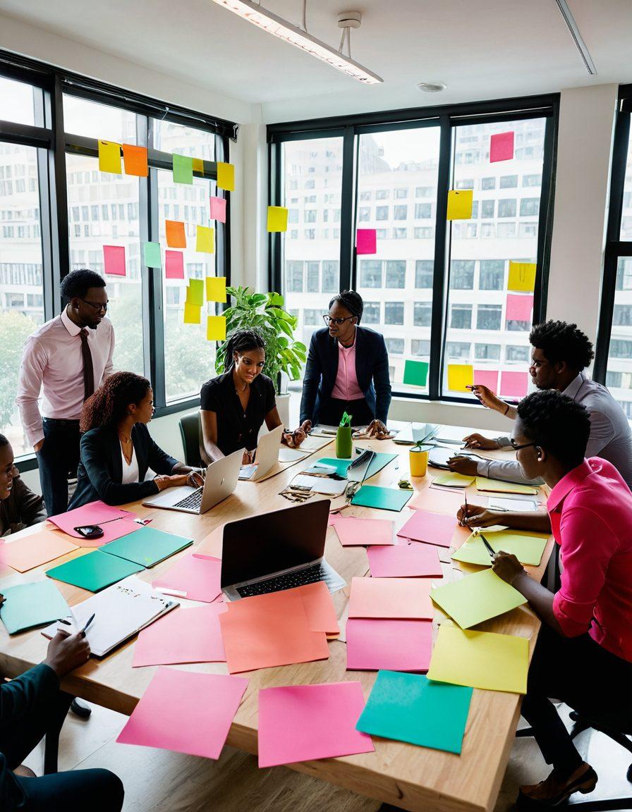 A diverse group of professionals gathered around a large table, engaging in a lively brainstorming session, with colorful sticky notes and digital devices scattered around. The room is bright and modern, featuring a large window with a view of nature outside, symbolizing growth and collaboration. Subtle elements of teamwork like linked hands and gears in the background, emphasizing unity. super-realistic. vibrant colors. modern office interior.