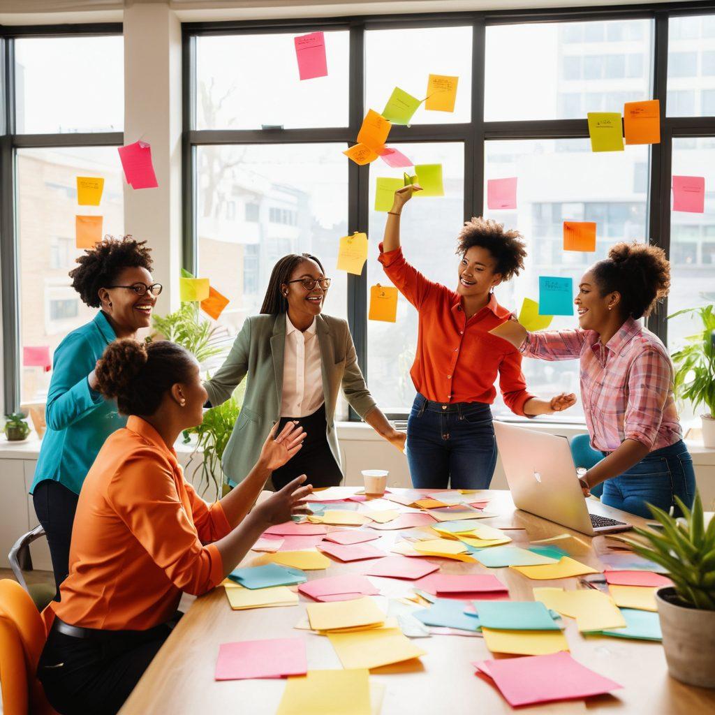 A dynamic workplace scene in Georgia showcasing a diverse team engaged in joyful collaboration. Brightly colored post-it notes and brainstorming tools scatter across a large table, with laughter and high-fives in the air. In the background, sunny windows illuminate a colorful, plant-filled office environment that radiates positivity. Employees of different backgrounds, genders, and ages, working together in harmony, representing unity and teamwork. cheerful, modern style. vibrant colors. bright background.